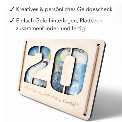 Geldgeschenk 20. Geburtstag personalisierte Geburtstagskarte Geldverpackung Verpackung Geld Geburtstagsgeschenk Geschenkkarte Holz 12x17 cm
