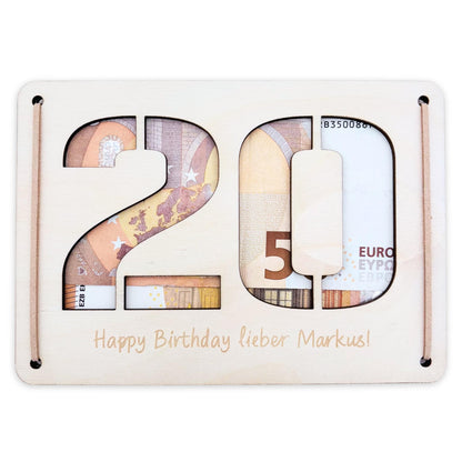 Geldgeschenk 20. Geburtstag personalisierte Geburtstagskarte Geldverpackung Verpackung Geld Geburtstagsgeschenk Geschenkkarte Holz 12x17 cm