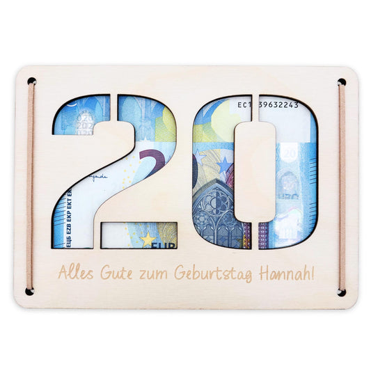 Geldgeschenk 20. Geburtstag personalisierte Geburtstagskarte Geldverpackung Verpackung Geld Geburtstagsgeschenk Geschenkkarte Holz 12x17 cm