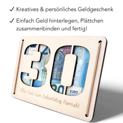 Geldgeschenk 30. Geburtstag personalisierte Geburtstagskarte Geldverpackung Verpackung Geld Geburtstagsgeschenk Geschenkkarte Holz 12x17 cm