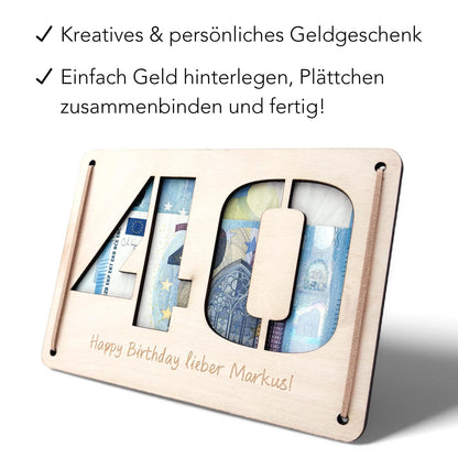 Geldgeschenk 40. Geburtstag personalisierte Geburtstagskarte Geldverpackung Verpackung Geld Geburtstagsgeschenk Geschenkkarte Holz 12x17 cm