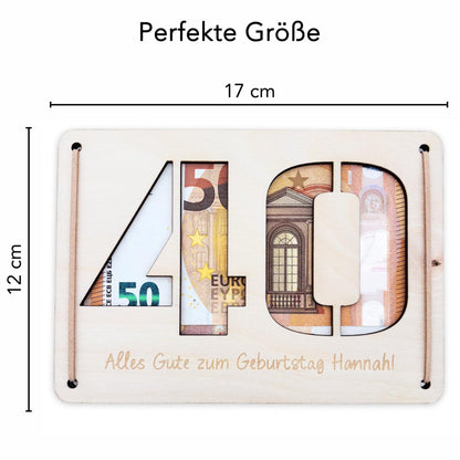 Geldgeschenk 40. Geburtstag personalisierte Geburtstagskarte Geldverpackung Verpackung Geld Geburtstagsgeschenk Geschenkkarte Holz 12x17 cm