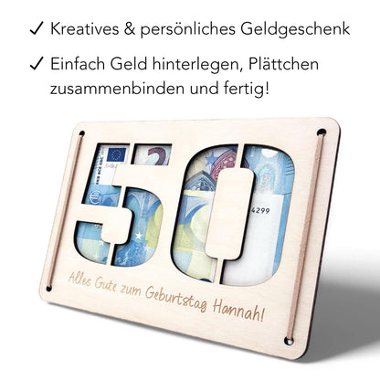 Geldgeschenk 50. Geburtstag personalisierte Geburtstagskarte Geldverpackung Verpackung Geld Geburtstagsgeschenk Geschenkkarte Holz 12x17 cm