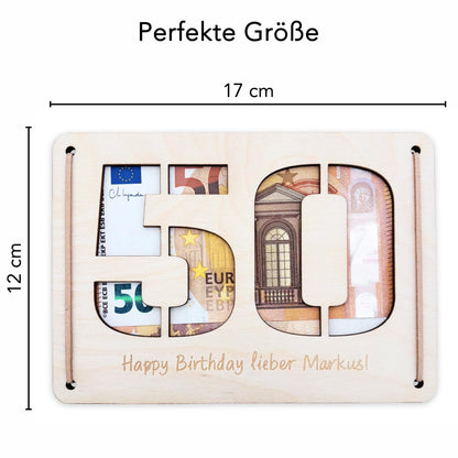 Geldgeschenk 50. Geburtstag personalisierte Geburtstagskarte Geldverpackung Verpackung Geld Geburtstagsgeschenk Geschenkkarte Holz 12x17 cm