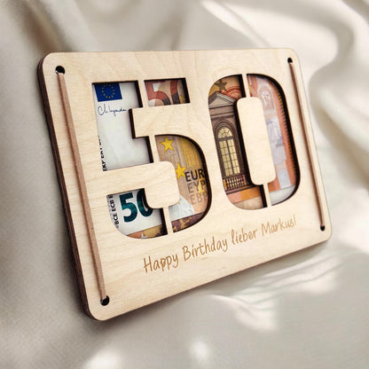 Geldgeschenk 50. Geburtstag personalisierte Geburtstagskarte Geldverpackung Verpackung Geld Geburtstagsgeschenk Geschenkkarte Holz 12x17 cm