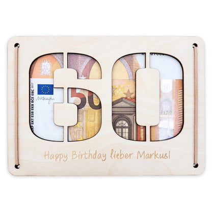 Geldgeschenk 60. Geburtstag personalisierte Geburtstagskarte Geldverpackung Verpackung Geld Geburtstagsgeschenk Geschenkkarte Holz 12x17 cm