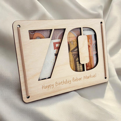Geldgeschenk 70. Geburtstag personalisierte Geburtstagskarte Geldverpackung Verpackung Geld Geburtstagsgeschenk Geschenkkarte Holz 12x17 cm