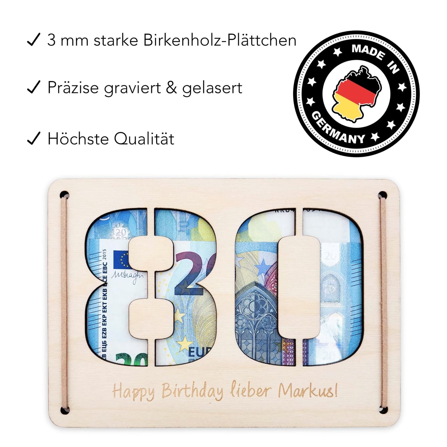 Geldgeschenk 80. Geburtstag personalisierte Geburtstagskarte Geldverpackung Verpackung Geld Geburtstagsgeschenk Geschenkkarte Holz 12x17 cm