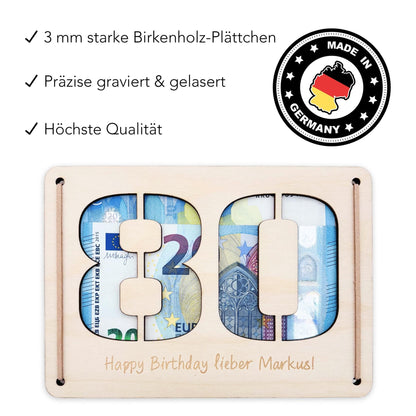 Geldgeschenk 80. Geburtstag personalisierte Geburtstagskarte Geldverpackung Verpackung Geld Geburtstagsgeschenk Geschenkkarte Holz 12x17 cm