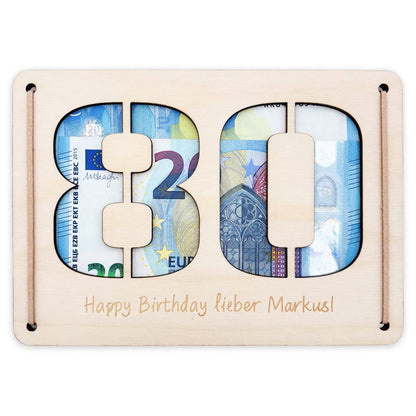 Geldgeschenk 80. Geburtstag personalisierte Geburtstagskarte Geldverpackung Verpackung Geld Geburtstagsgeschenk Geschenkkarte Holz 12x17 cm