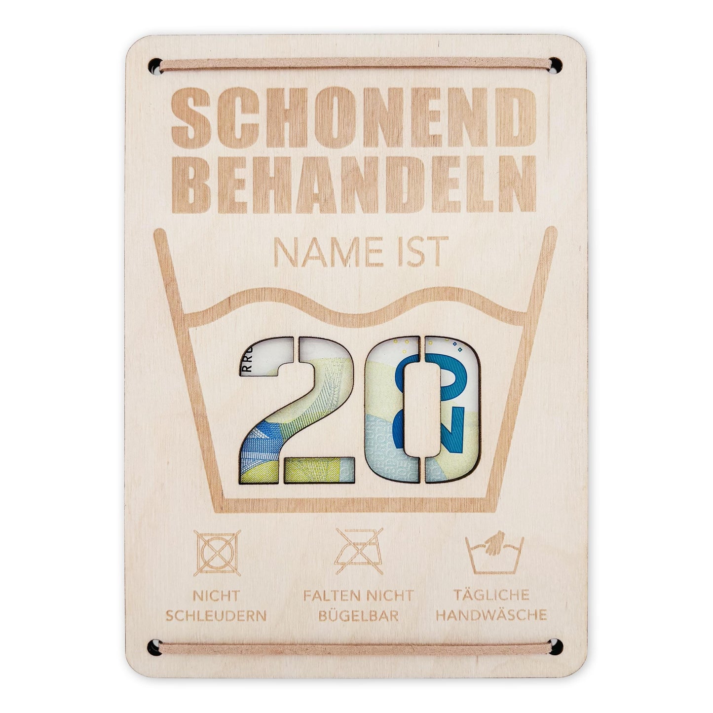 Schonend Behandeln 20. Geburtstag Geldgeschenk personalisiert Geldverpackung Verpackung Geld Geburtstagsgeschenk Geschenkkarte Holz 12x17 cm