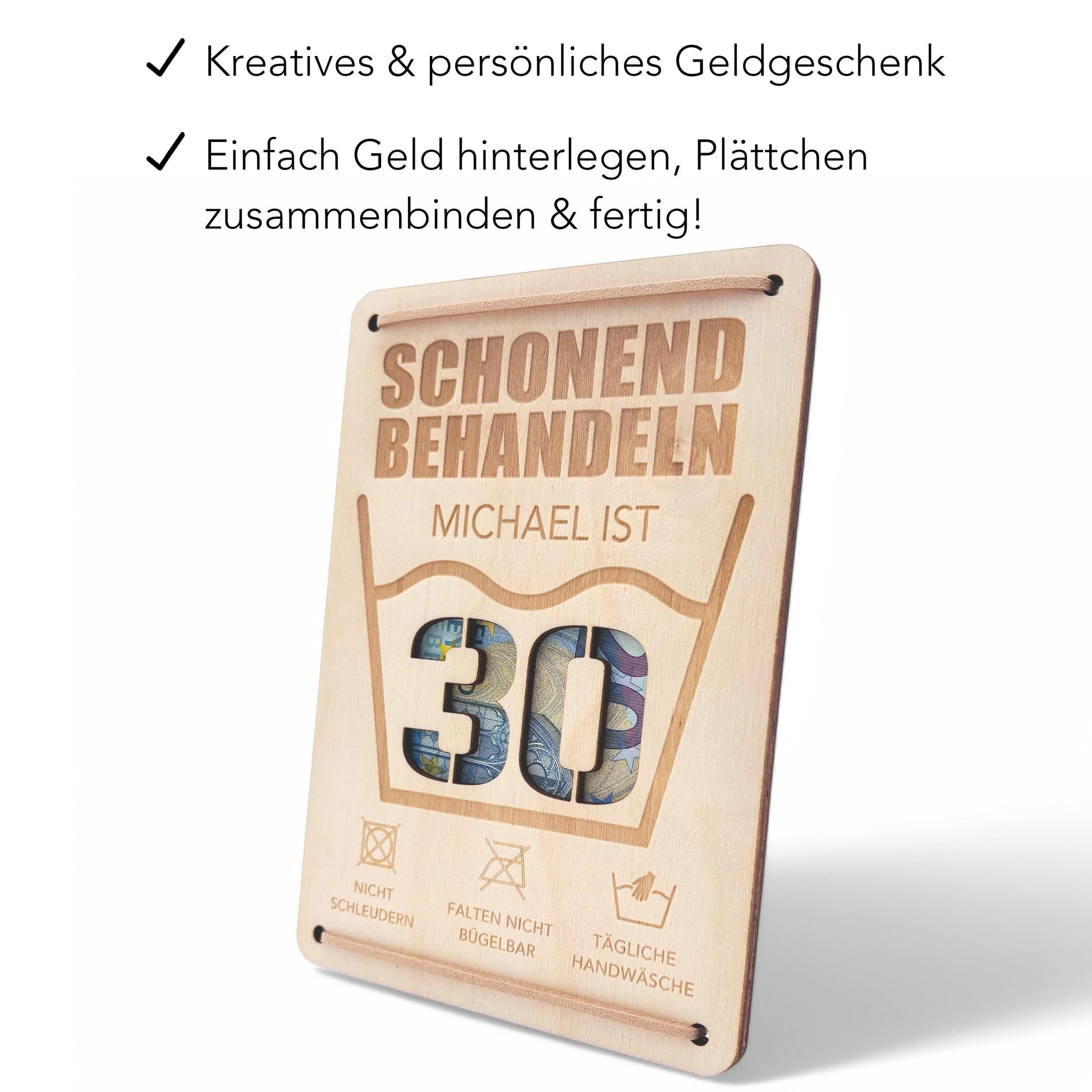 Schonend Behandeln 30. Geburtstag Geldgeschenk personalisiert Geldverpackung Verpackung Geld Geburtstagsgeschenk Geschenkkarte Holz 12x17 cm