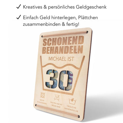 Schonend Behandeln 30. Geburtstag Geldgeschenk personalisiert Geldverpackung Verpackung Geld Geburtstagsgeschenk Geschenkkarte Holz 12x17 cm