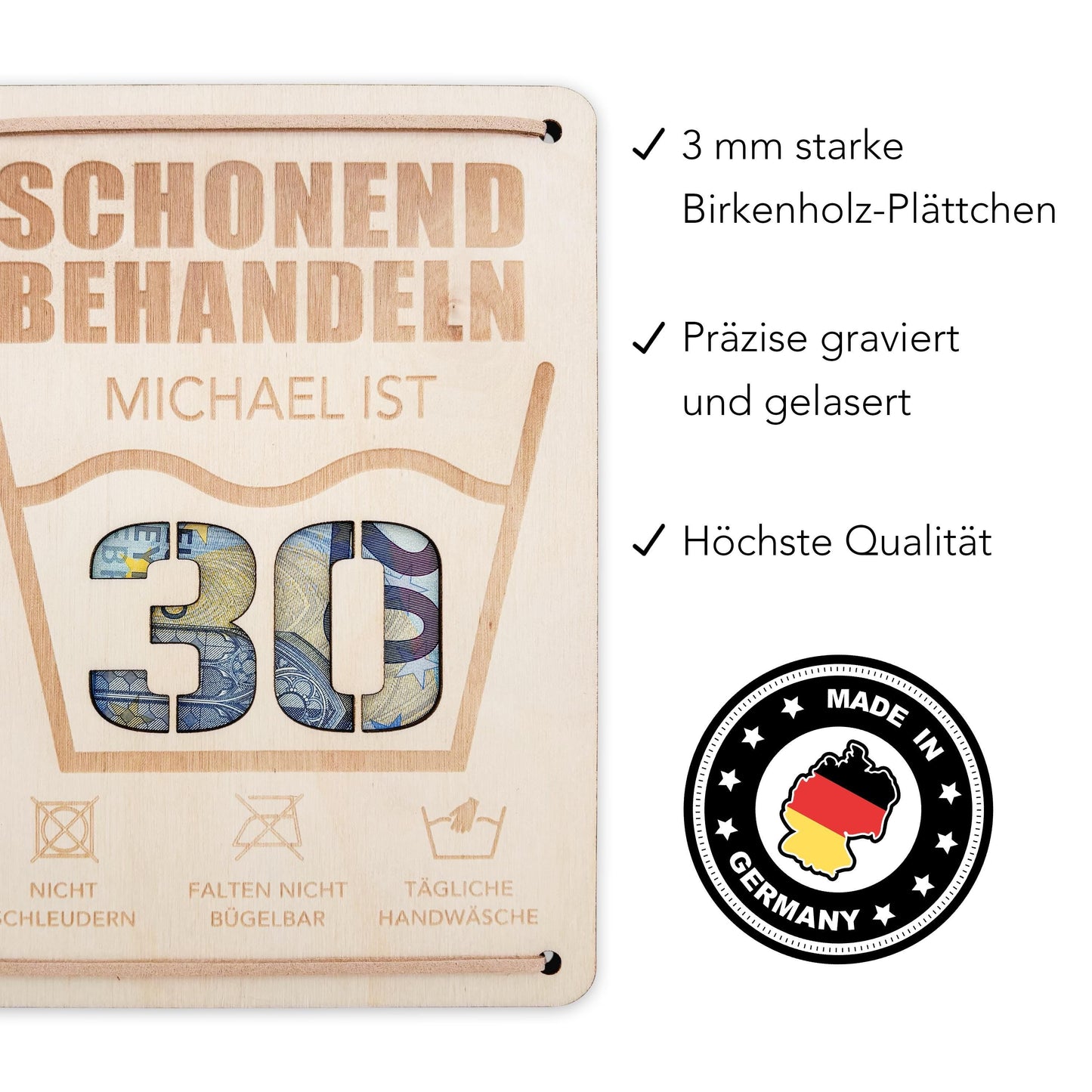 Schonend Behandeln 30. Geburtstag Geldgeschenk personalisiert Geldverpackung Verpackung Geld Geburtstagsgeschenk Geschenkkarte Holz 12x17 cm