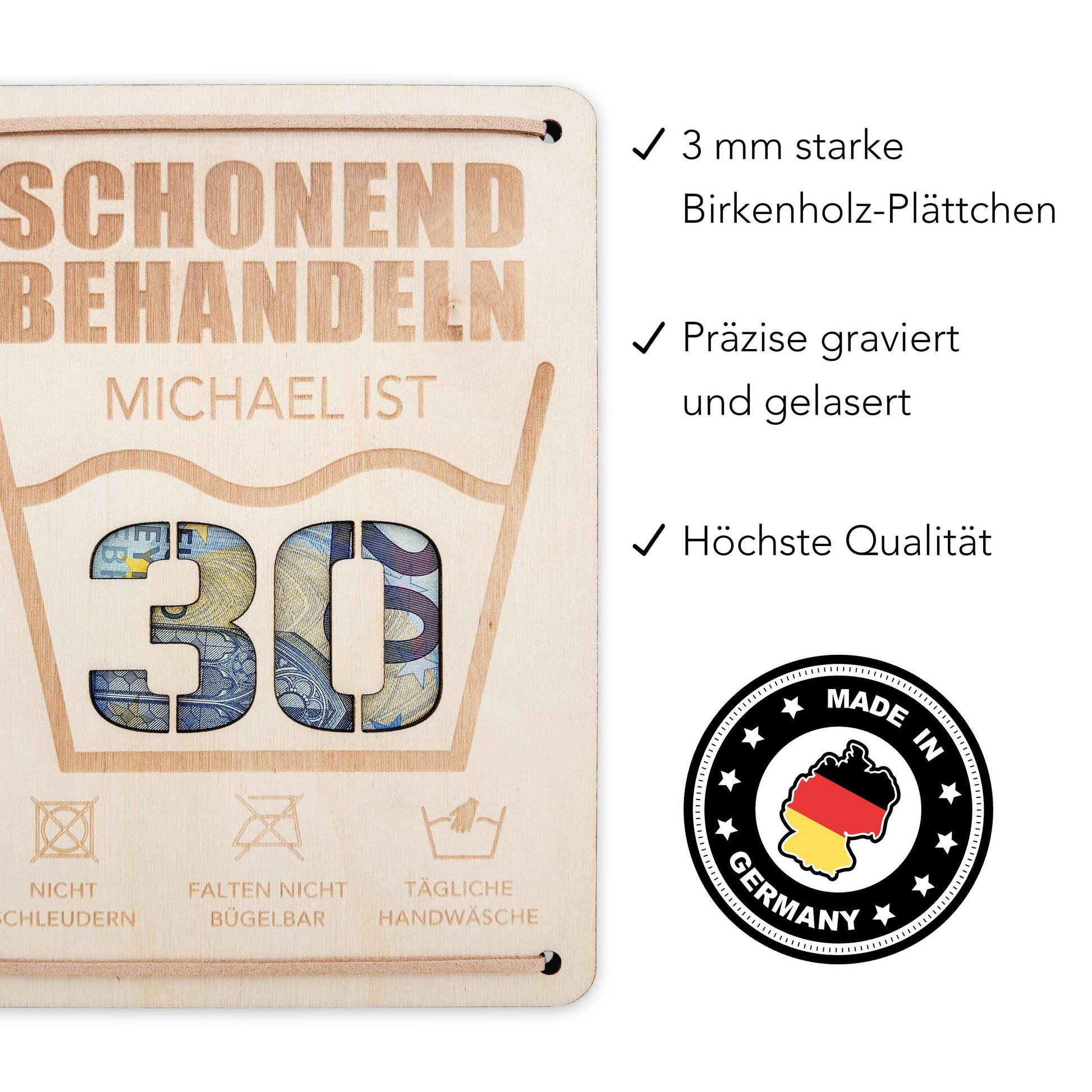 Schonend Behandeln 30. Geburtstag Geldgeschenk personalisiert Geldverpackung Verpackung Geld Geburtstagsgeschenk Geschenkkarte Holz 12x17 cm