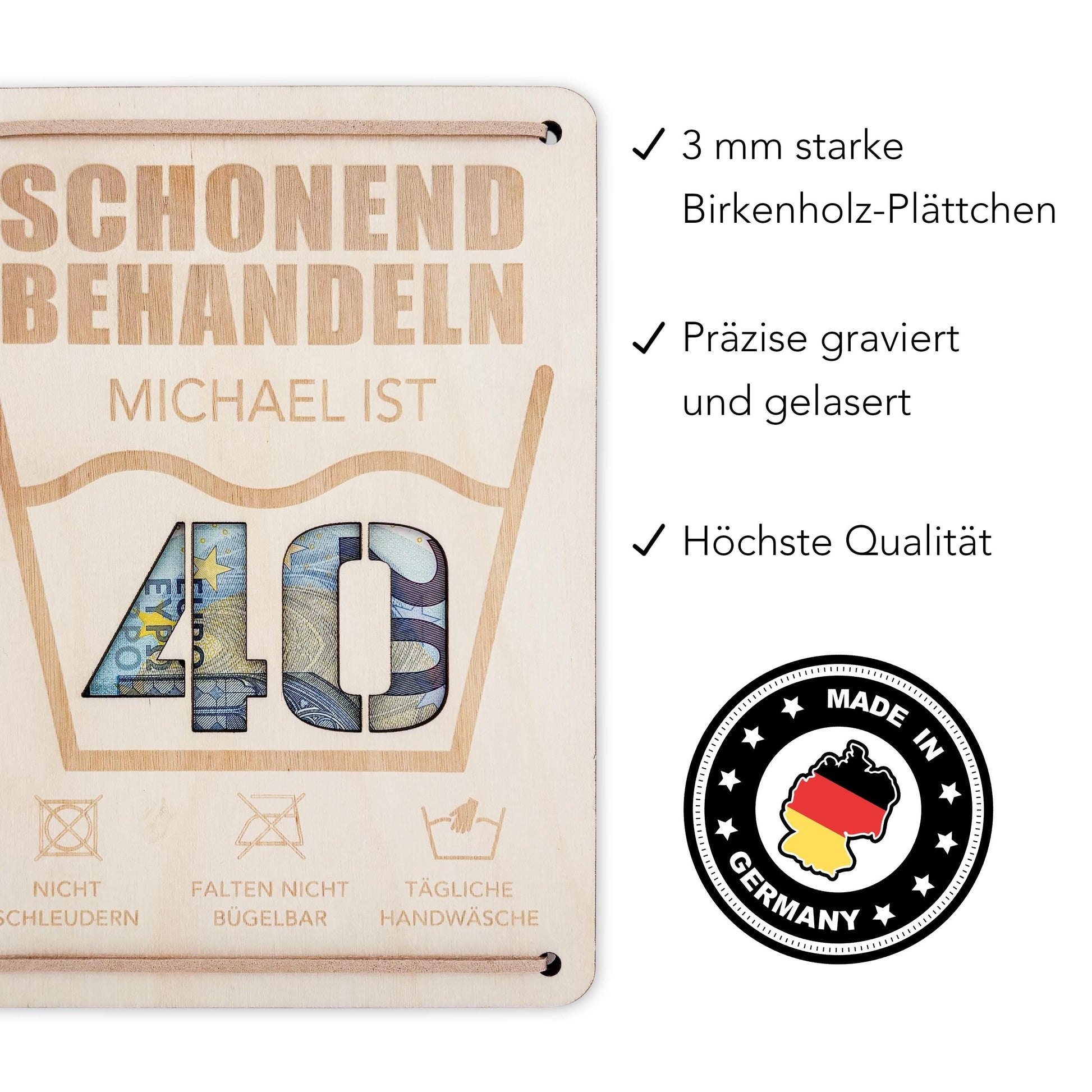 Schonend Behandeln 40. Geburtstag Geldgeschenk personalisiert Geldverpackung Verpackung Geld Geburtstagsgeschenk Geschenkkarte Holz 12x17 cm