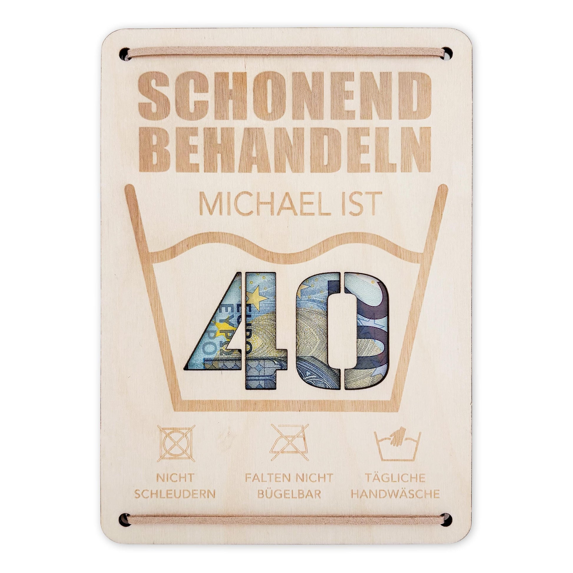 Schonend Behandeln 40. Geburtstag Geldgeschenk personalisiert Geldverpackung Verpackung Geld Geburtstagsgeschenk Geschenkkarte Holz 12x17 cm