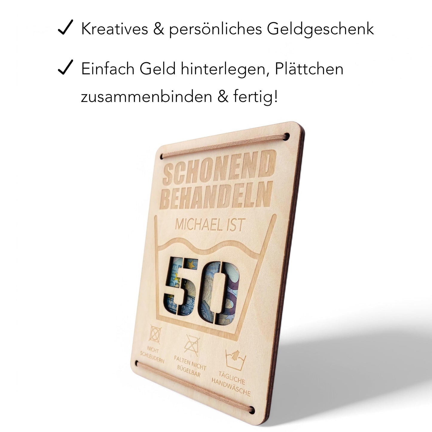 Schonend Behandeln 50. Geburtstag Geldgeschenk personalisiert Geldverpackung Verpackung Geld Geburtstagsgeschenk Geschenkkarte Holz 12x17 cm
