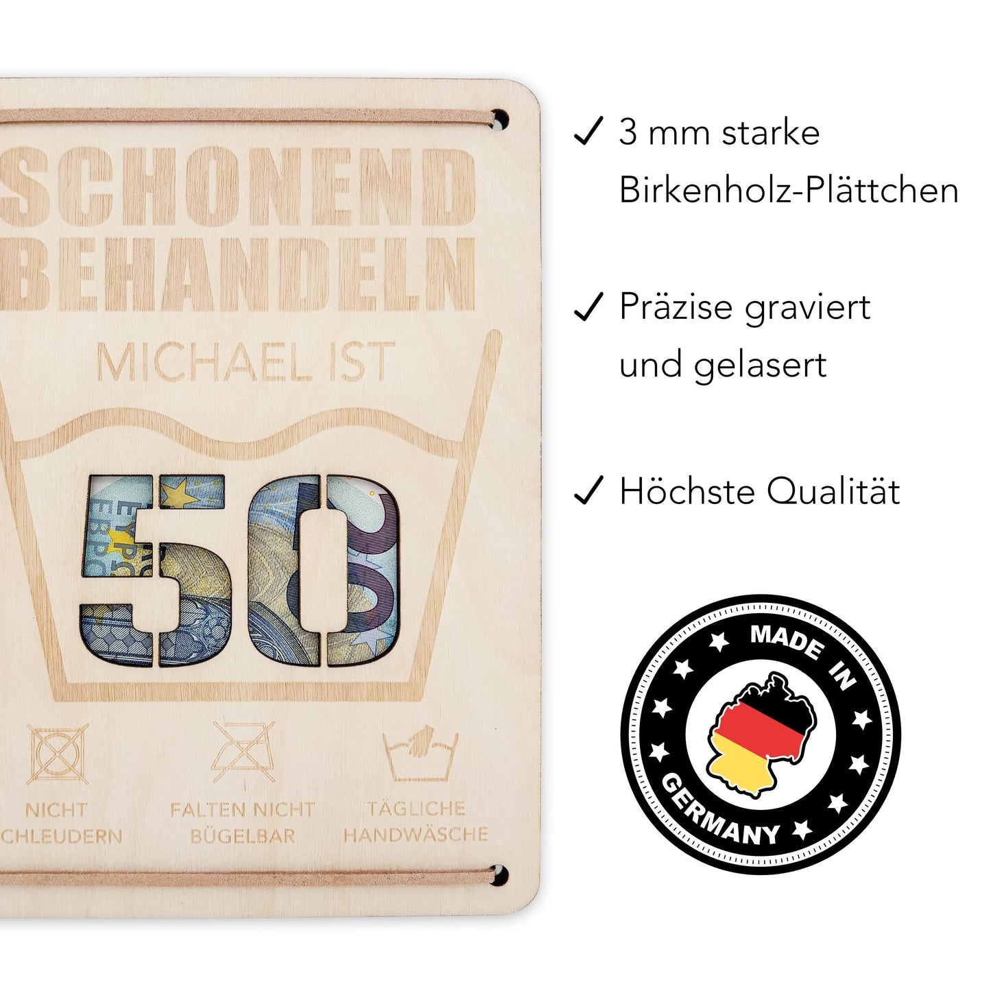 Schonend Behandeln 50. Geburtstag Geldgeschenk personalisiert Geldverpackung Verpackung Geld Geburtstagsgeschenk Geschenkkarte Holz 12x17 cm