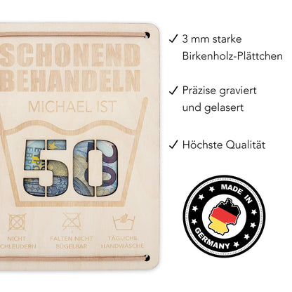 Schonend Behandeln 50. Geburtstag Geldgeschenk personalisiert Geldverpackung Verpackung Geld Geburtstagsgeschenk Geschenkkarte Holz 12x17 cm