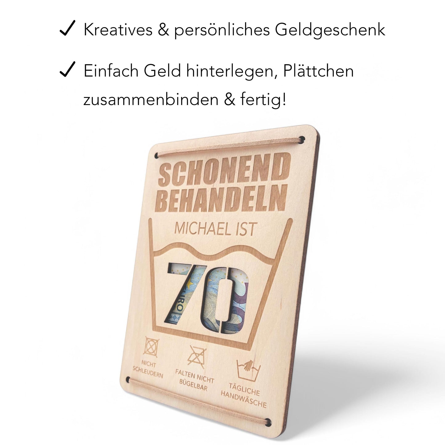 Schonend Behandeln 70. Geburtstag Geldgeschenk personalisiert Geldverpackung Verpackung Geld Geburtstagsgeschenk Geschenkkarte Holz 12x17 cm
