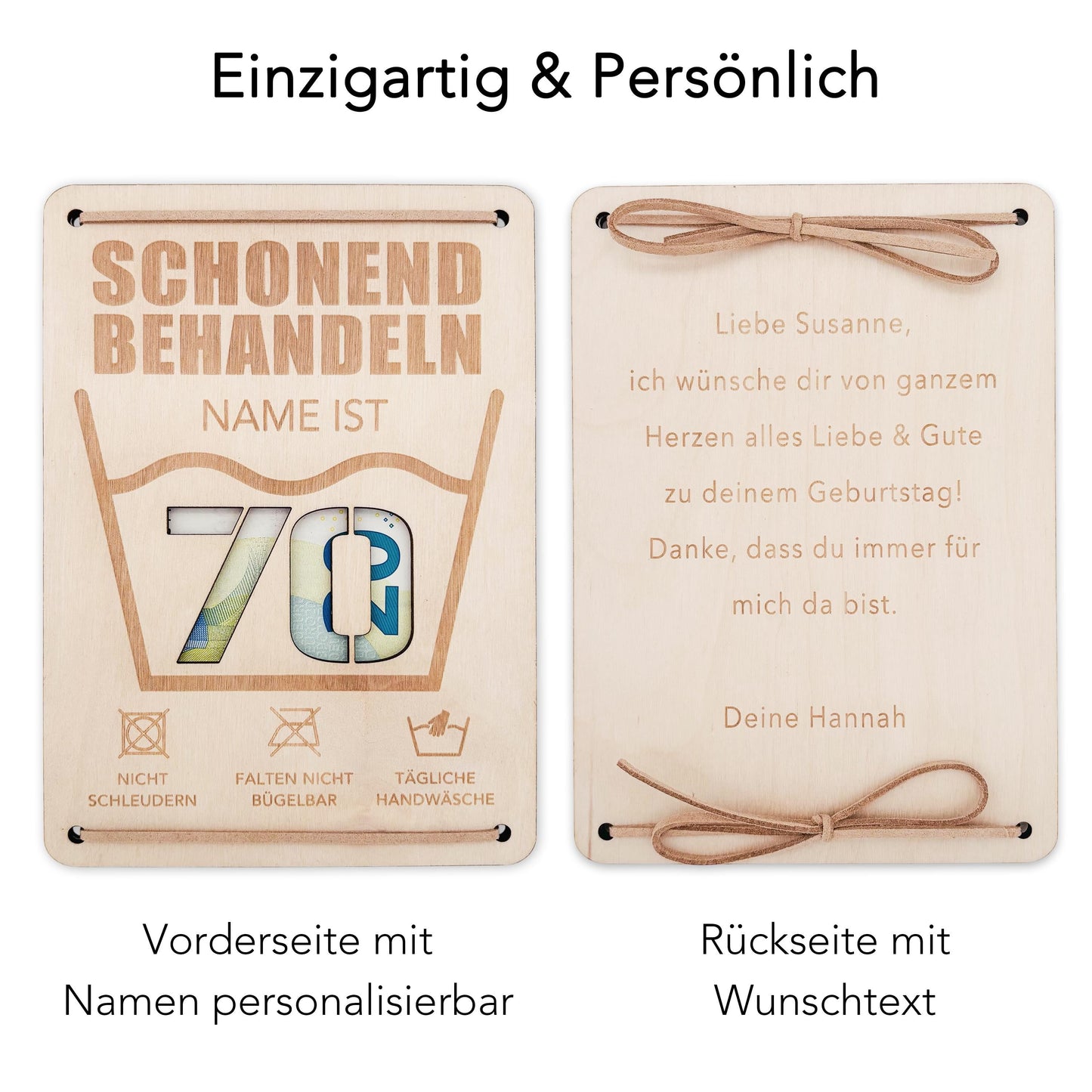 Schonend Behandeln 70. Geburtstag Geldgeschenk personalisiert Geldverpackung Verpackung Geld Geburtstagsgeschenk Geschenkkarte Holz 12x17 cm
