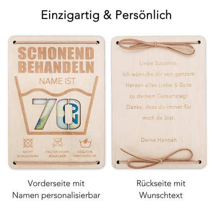 Schonend Behandeln 70. Geburtstag Geldgeschenk personalisiert Geldverpackung Verpackung Geld Geburtstagsgeschenk Geschenkkarte Holz 12x17 cm