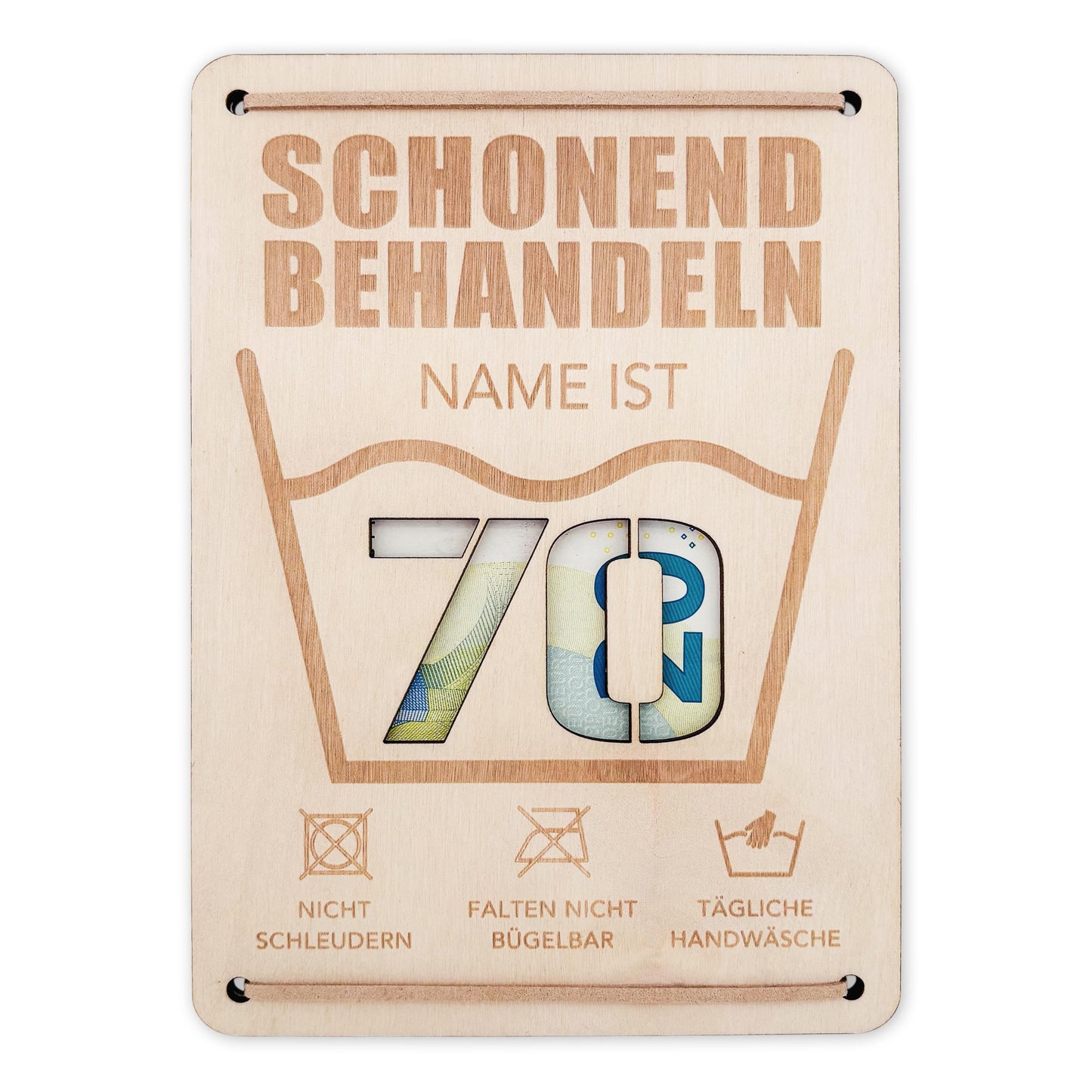 Schonend Behandeln 70. Geburtstag Geldgeschenk personalisiert Geldverpackung Verpackung Geld Geburtstagsgeschenk Geschenkkarte Holz 12x17 cm