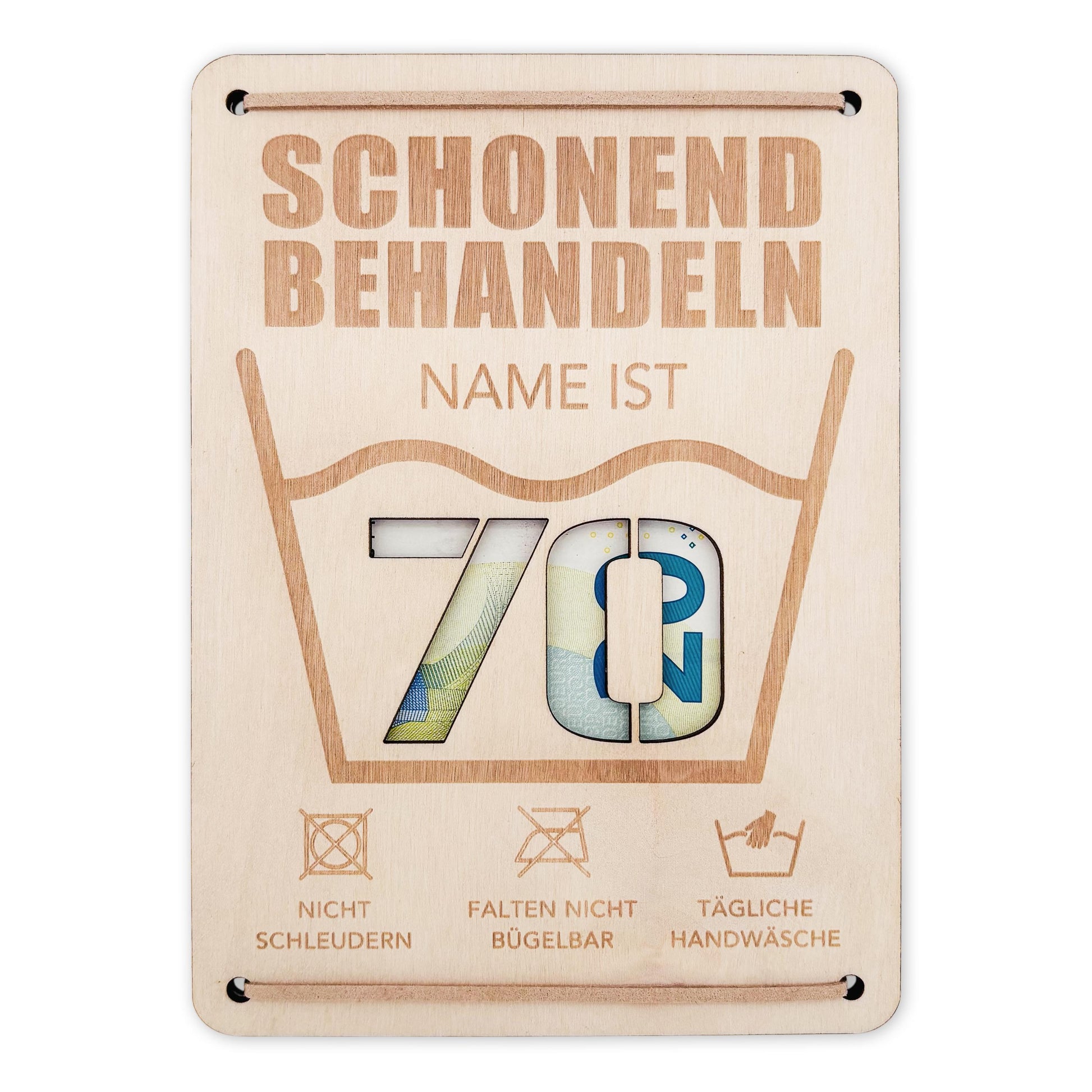 Schonend Behandeln 70. Geburtstag Geldgeschenk personalisiert Geldverpackung Verpackung Geld Geburtstagsgeschenk Geschenkkarte Holz 12x17 cm