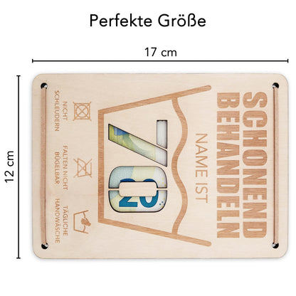 Schonend Behandeln 70. Geburtstag Geldgeschenk personalisiert Geldverpackung Verpackung Geld Geburtstagsgeschenk Geschenkkarte Holz 12x17 cm