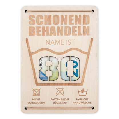 Schonend Behandeln 80. Geburtstag Geldgeschenk personalisiert Geldverpackung Verpackung Geld Geburtstagsgeschenk Geschenkkarte Holz 12x17 cm