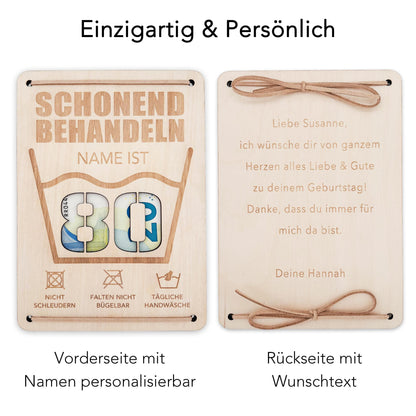 Schonend Behandeln 80. Geburtstag Geldgeschenk personalisiert Geldverpackung Verpackung Geld Geburtstagsgeschenk Geschenkkarte Holz 12x17 cm