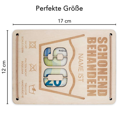Schonend Behandeln 90. Geburtstag Geldgeschenk personalisiert Geldverpackung Verpackung Geld Geburtstagsgeschenk Geschenkkarte Holz 12x17 cm