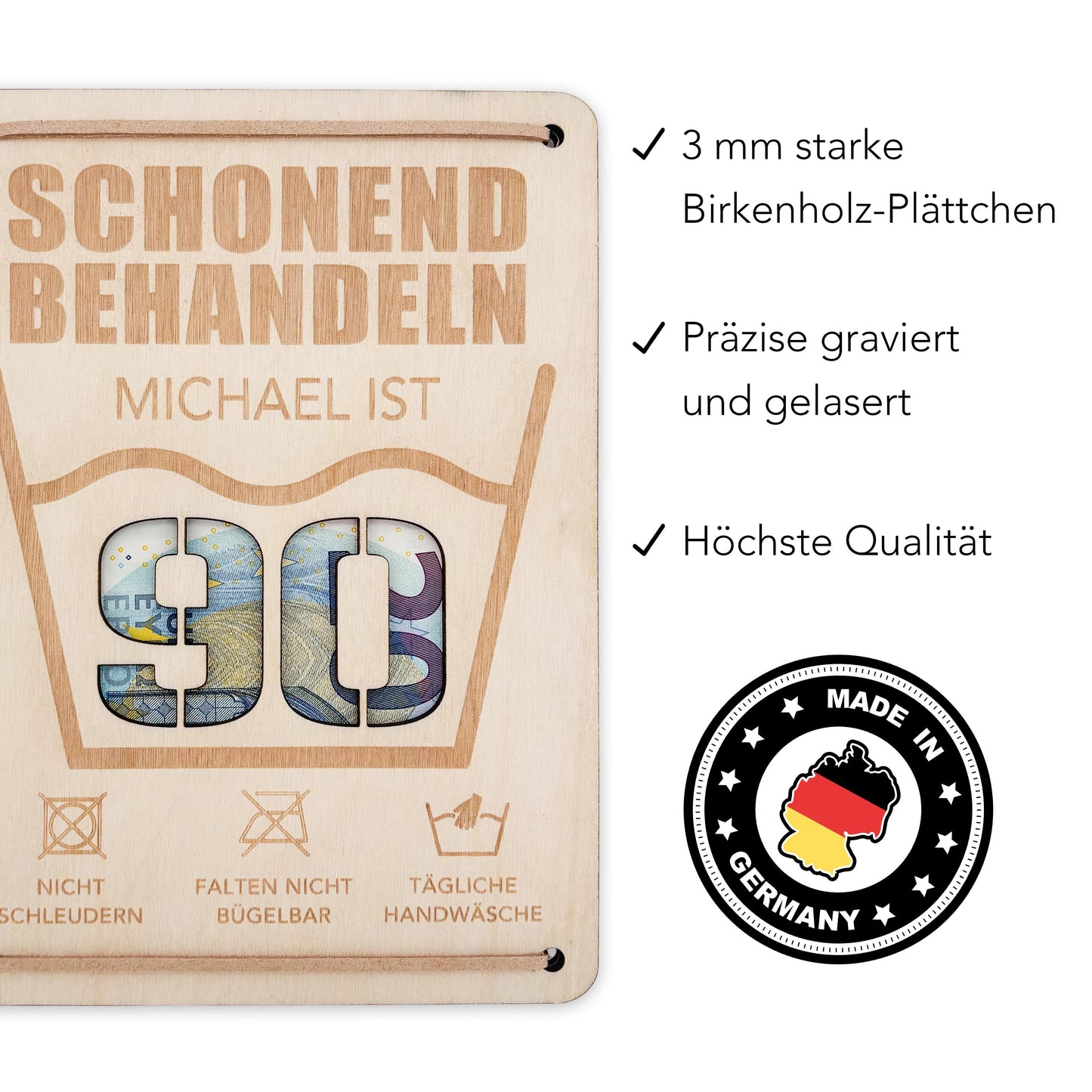 Schonend Behandeln 90. Geburtstag Geldgeschenk personalisiert Geldverpackung Verpackung Geld Geburtstagsgeschenk Geschenkkarte Holz 12x17 cm