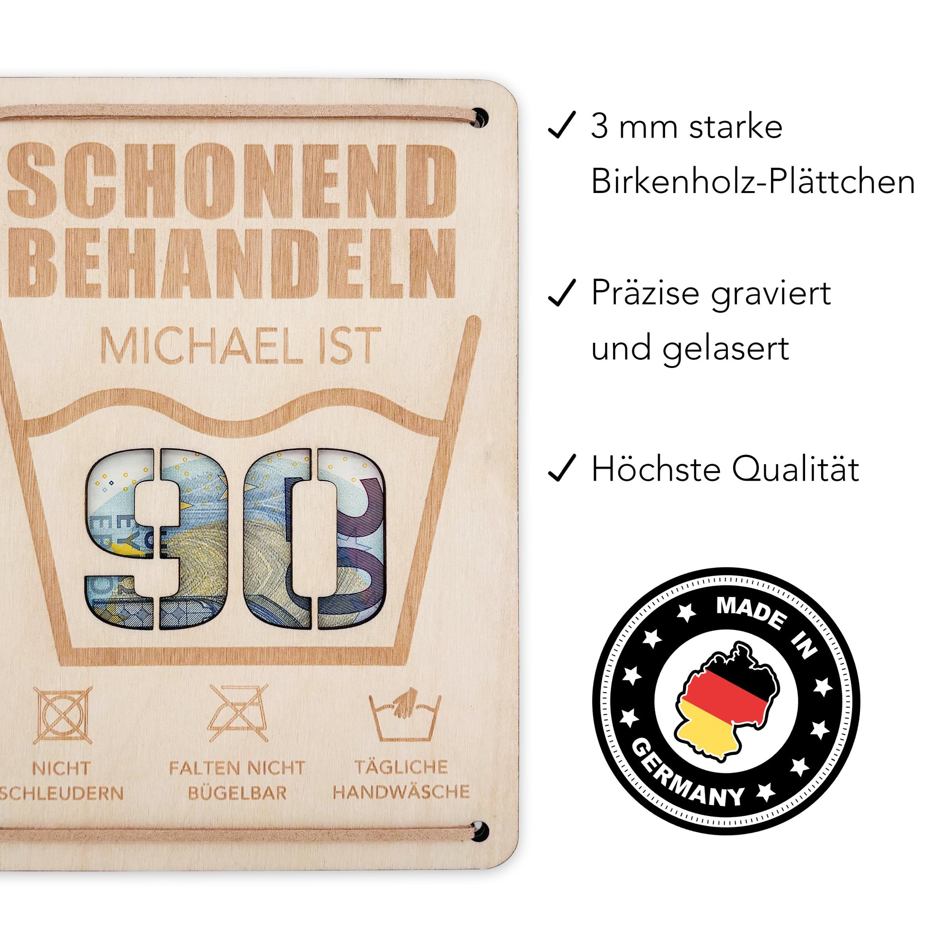 Schonend Behandeln 90. Geburtstag Geldgeschenk personalisiert Geldverpackung Verpackung Geld Geburtstagsgeschenk Geschenkkarte Holz 12x17 cm