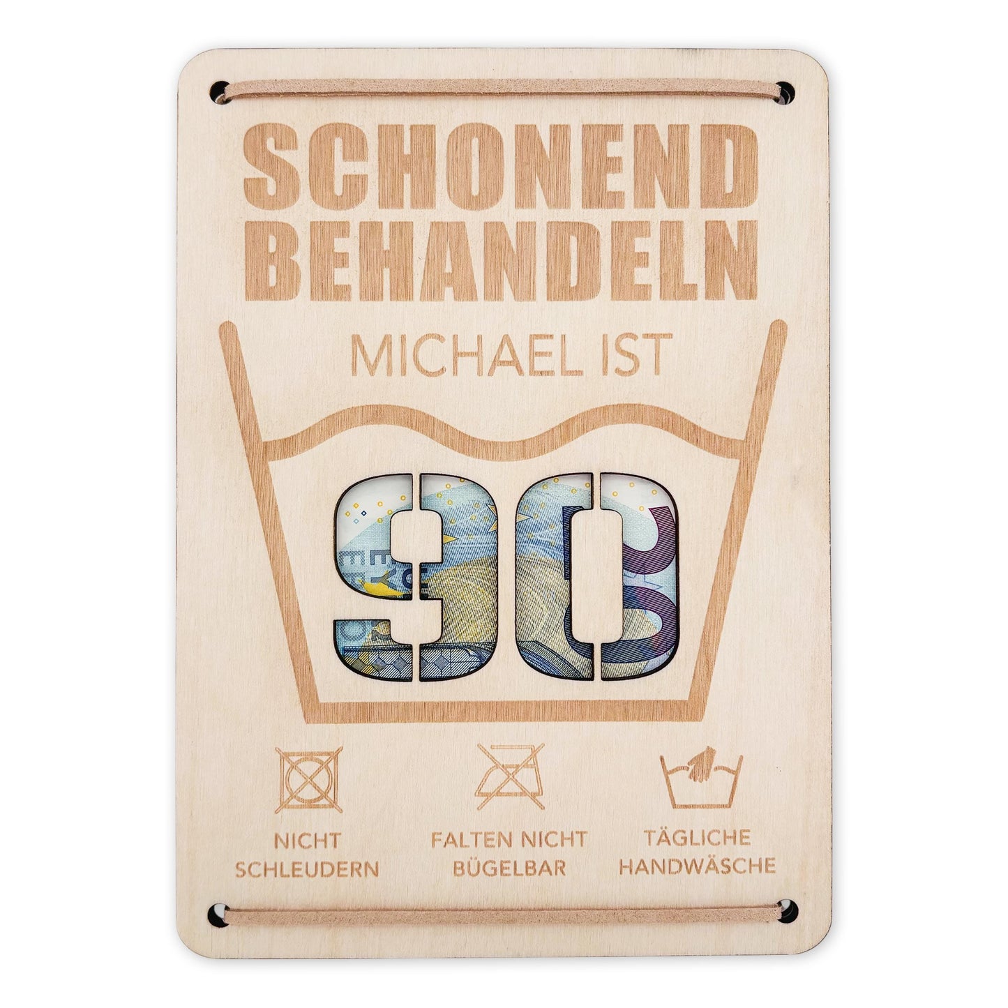 Schonend Behandeln 90. Geburtstag Geldgeschenk personalisiert Geldverpackung Verpackung Geld Geburtstagsgeschenk Geschenkkarte Holz 12x17 cm