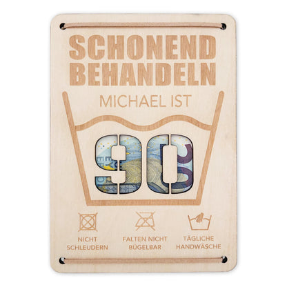 Schonend Behandeln 90. Geburtstag Geldgeschenk personalisiert Geldverpackung Verpackung Geld Geburtstagsgeschenk Geschenkkarte Holz 12x17 cm