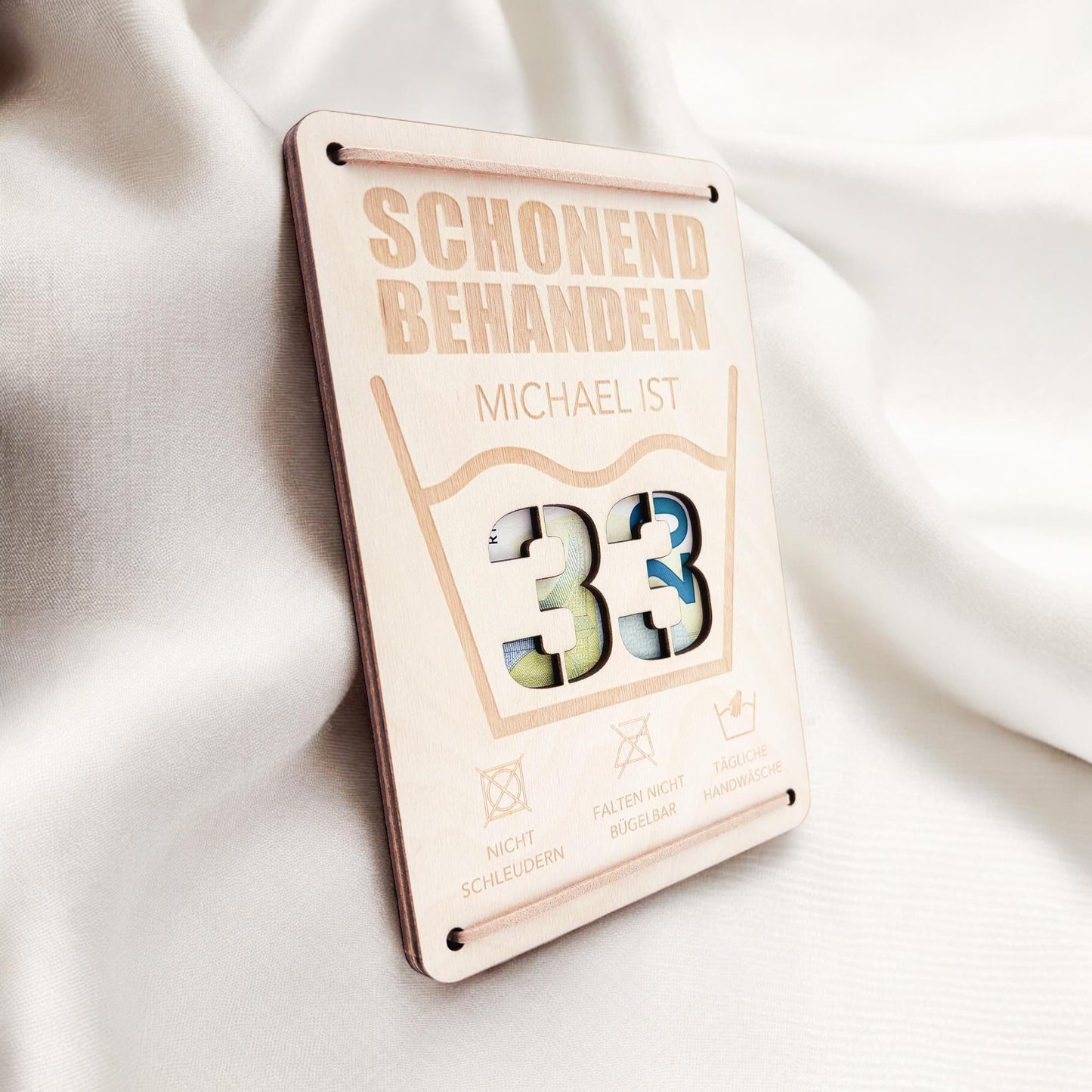 Schonend Behandeln Geburtstag Geldgeschenk personalisiert Geldverpackung Verpackung Geld Geburtstagsgeschenk Geschenkkarte Holz 12x17 cm