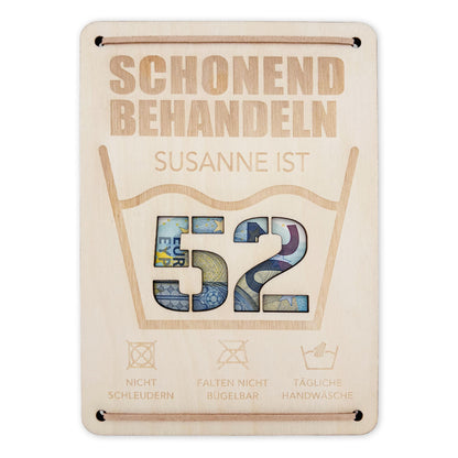 Schonend Behandeln Geburtstag Geldgeschenk personalisiert Geldverpackung Verpackung Geld Geburtstagsgeschenk Geschenkkarte Holz 12x17 cm