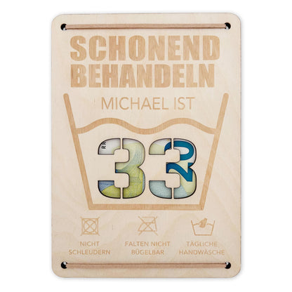 Schonend Behandeln Geburtstag Geldgeschenk personalisiert Geldverpackung Verpackung Geld Geburtstagsgeschenk Geschenkkarte Holz 12x17 cm
