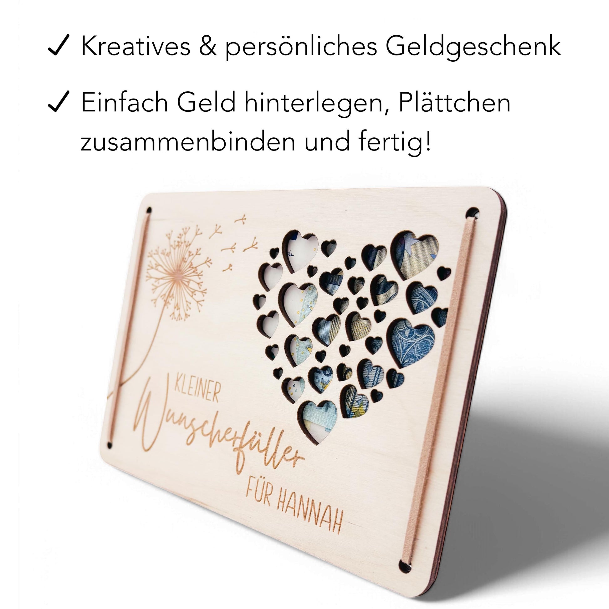 Wunscherfüller Geldgeschenk Geburtstag personalisierte Geld Verpackung Pusteblume Geldkarte Geschenkkarte aus Holz 12x17 cm