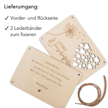 Wunscherfüller Geldgeschenk Geburtstag personalisierte Geld Verpackung Pusteblume Geldkarte Geschenkkarte aus Holz 12x17 cm