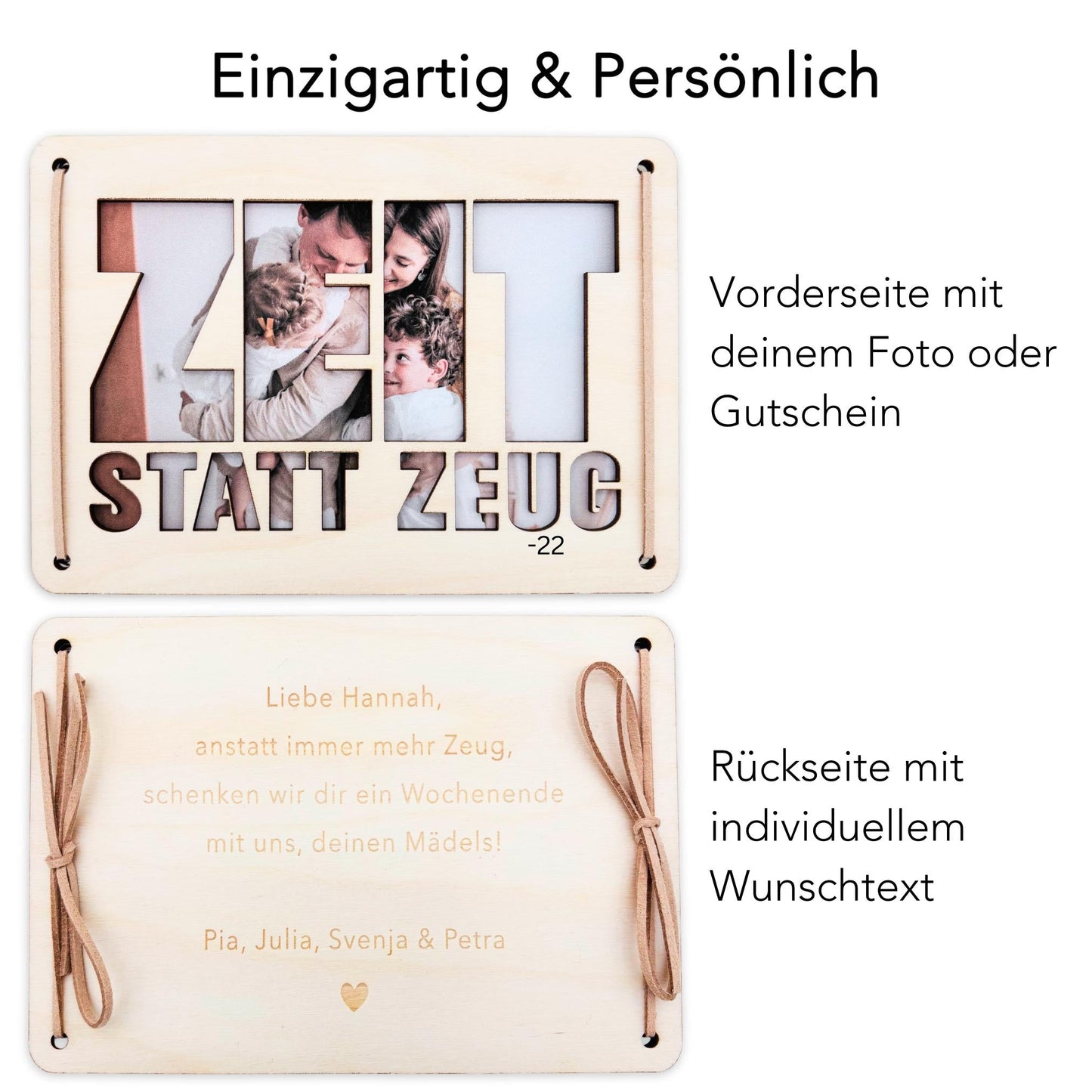 Zeit statt Zeug Wunscherfüller personalisierter Geschenkgutschein Verpackung Geburtstag Wellness Reisegutschein Geschenkkarte Holz 12x17 cm