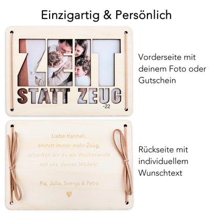 Zeit statt Zeug Wunscherfüller personalisierter Geschenkgutschein Verpackung Geburtstag Wellness Reisegutschein Geschenkkarte Holz 12x17 cm