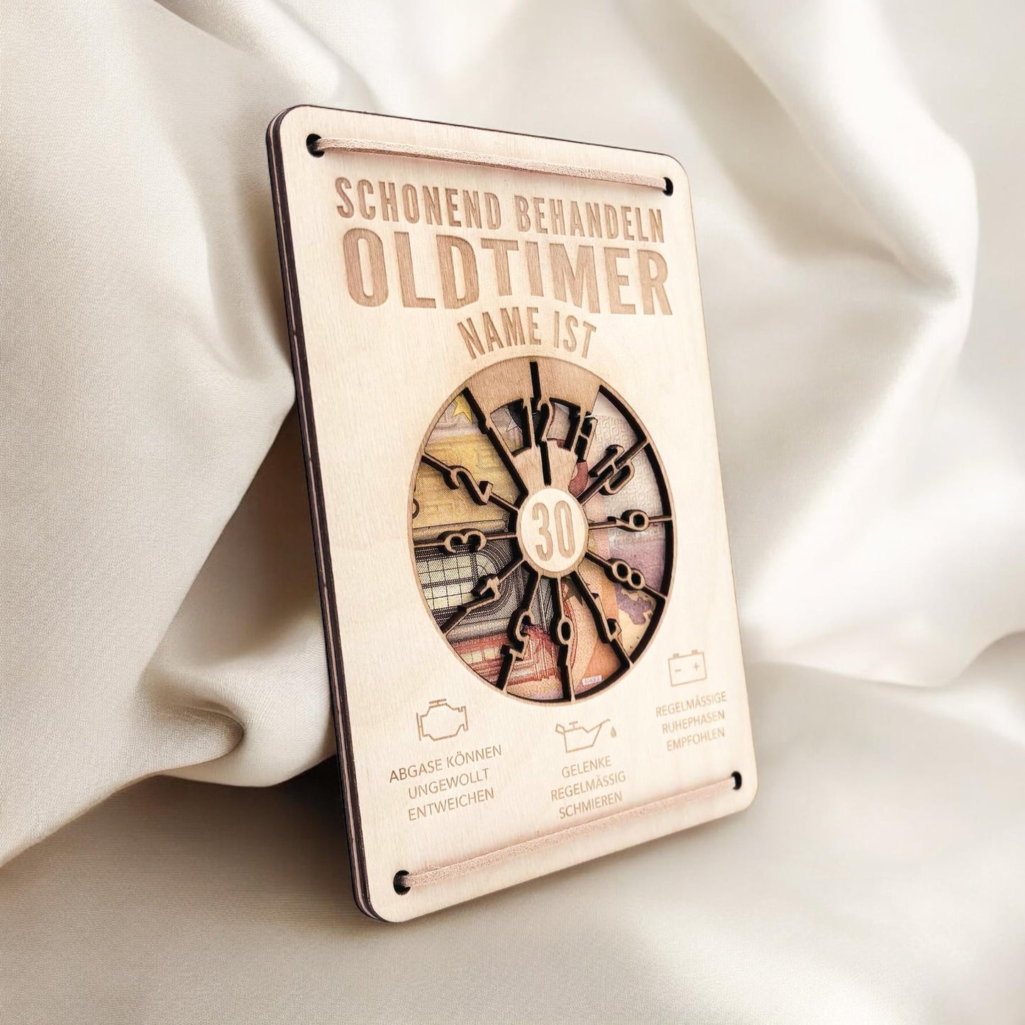 Oldtimer Geburtstagskarte 30. Geburtstag Schonend behandeln personalisiert Geldverpackung Geburtstagsgeschenk Geschenkkarte Holz 12x17 cm
