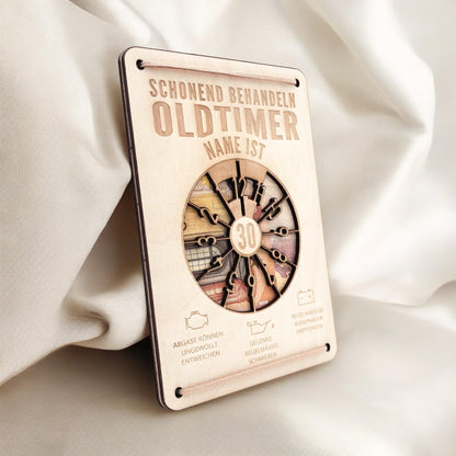 Oldtimer Geburtstagskarte 30. Geburtstag Schonend behandeln personalisiert Geldverpackung Geburtstagsgeschenk Geschenkkarte Holz 12x17 cm