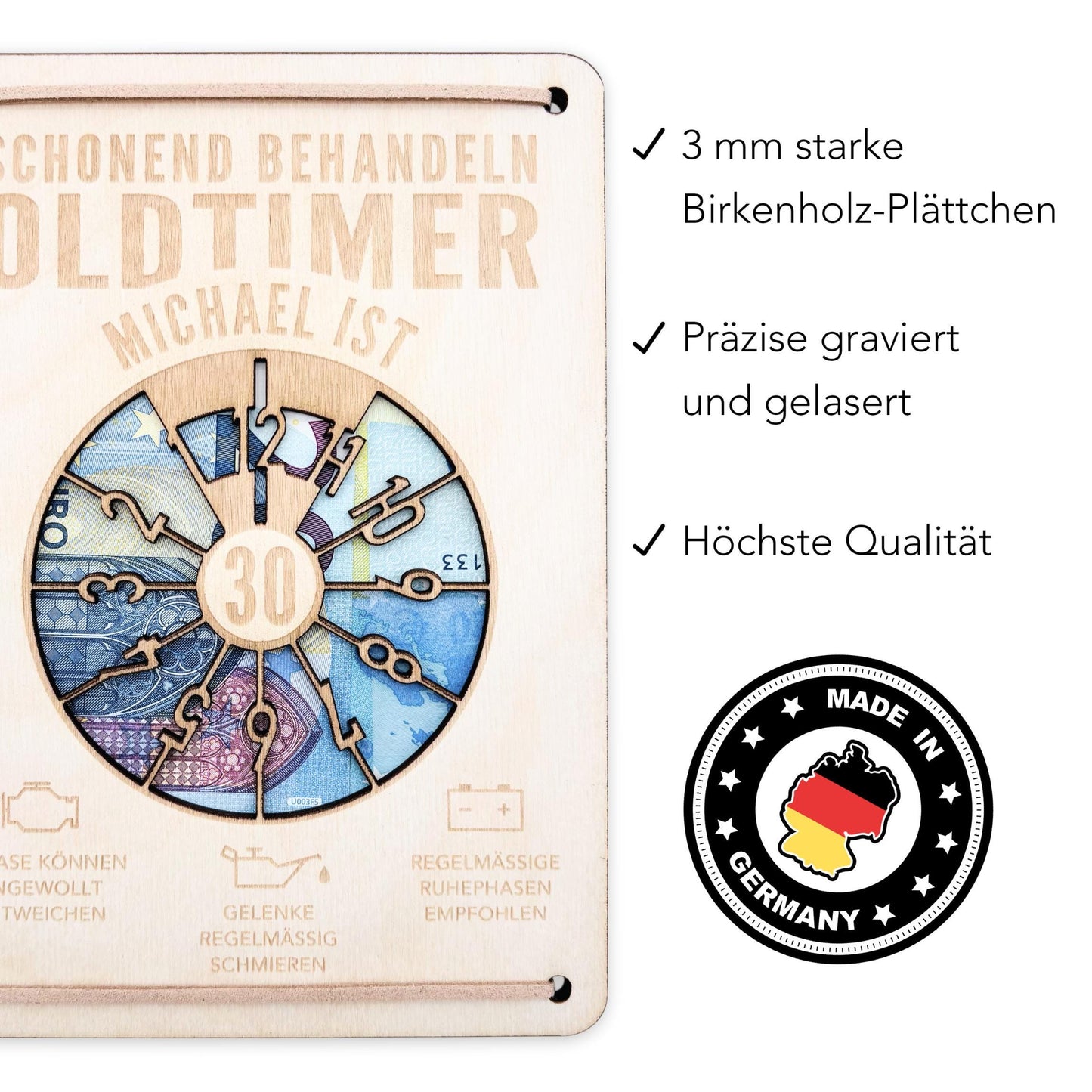 Oldtimer Geburtstagskarte 30. Geburtstag Schonend behandeln personalisiert Geldverpackung Geburtstagsgeschenk Geschenkkarte Holz 12x17 cm