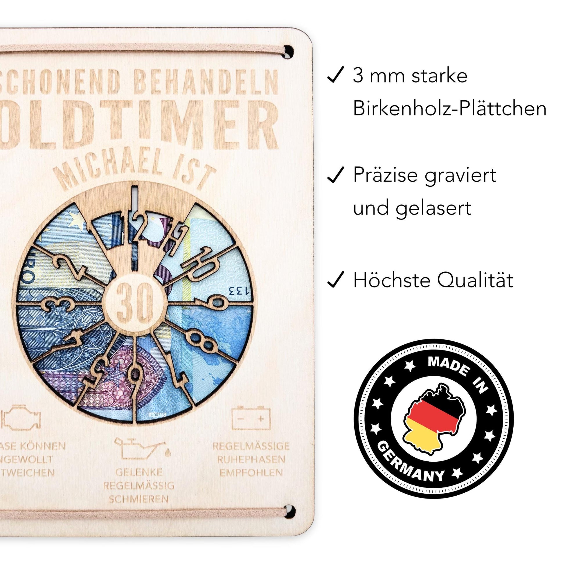 Oldtimer Geburtstagskarte 30. Geburtstag Schonend behandeln personalisiert Geldverpackung Geburtstagsgeschenk Geschenkkarte Holz 12x17 cm