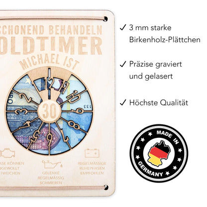 Oldtimer Geburtstagskarte 30. Geburtstag Schonend behandeln personalisiert Geldverpackung Geburtstagsgeschenk Geschenkkarte Holz 12x17 cm