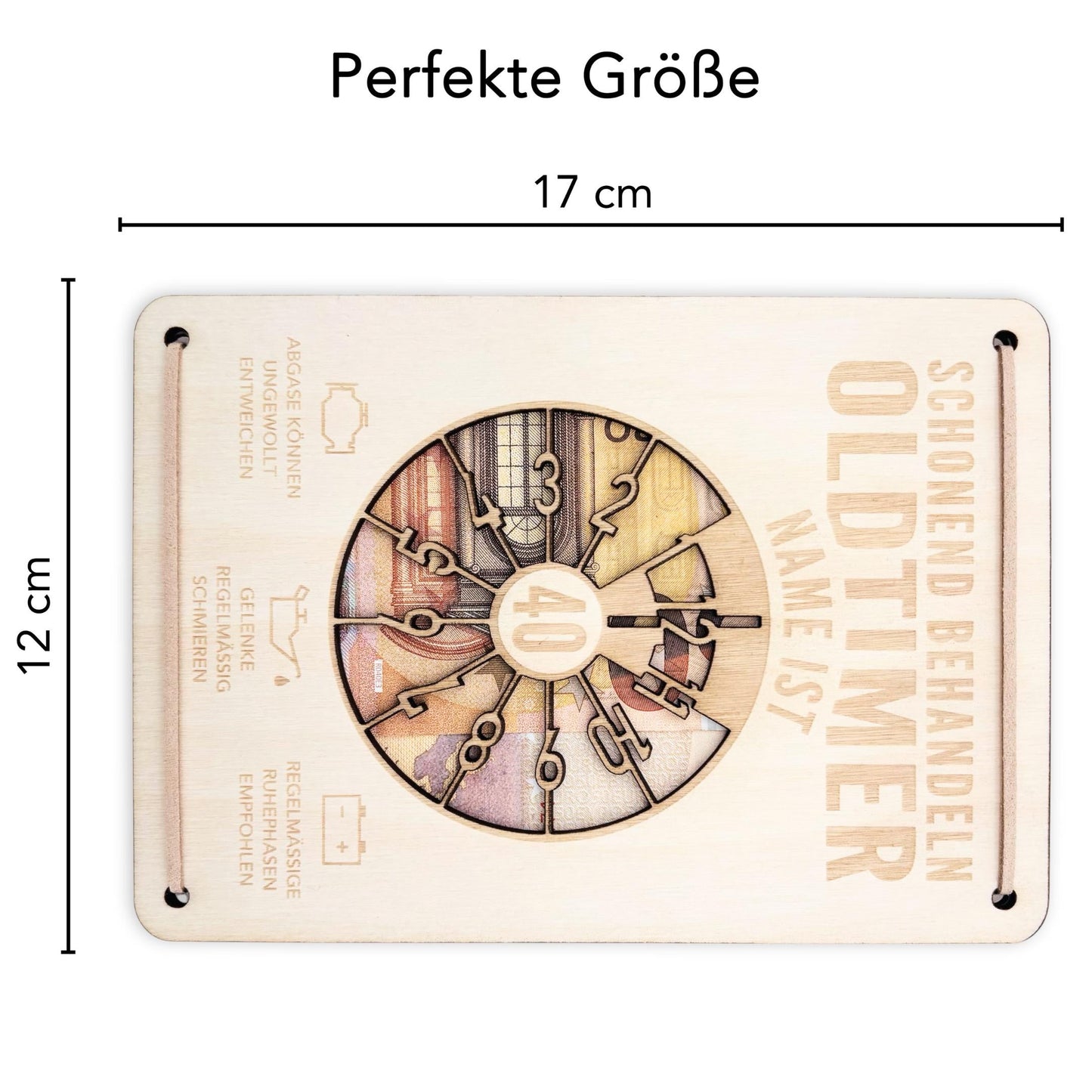 Oldtimer Geburtstagskarte 40. Geburtstag Schonend behandeln personalisiert Geldverpackung Geburtstagsgeschenk Geschenkkarte Holz 12x17 cm